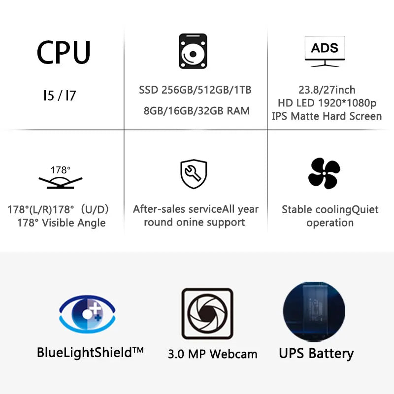 Ordinateur de bureau tout-en-un 24 pouces, processeur i7-12650H, DDR4, 16 Go de RAM, SSD de 512 Go, écran OEM, ordinateur de jeu tout-en-un avec batterie UPS