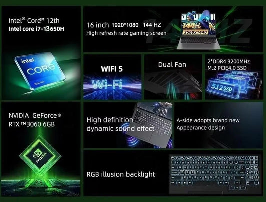 High Quality 16 Inch Intel I7 I9 12th 1920*1080 Gamer Computer Wins 11 RTX 3060 4060 Video Card IPS RAM Gaming Laptop